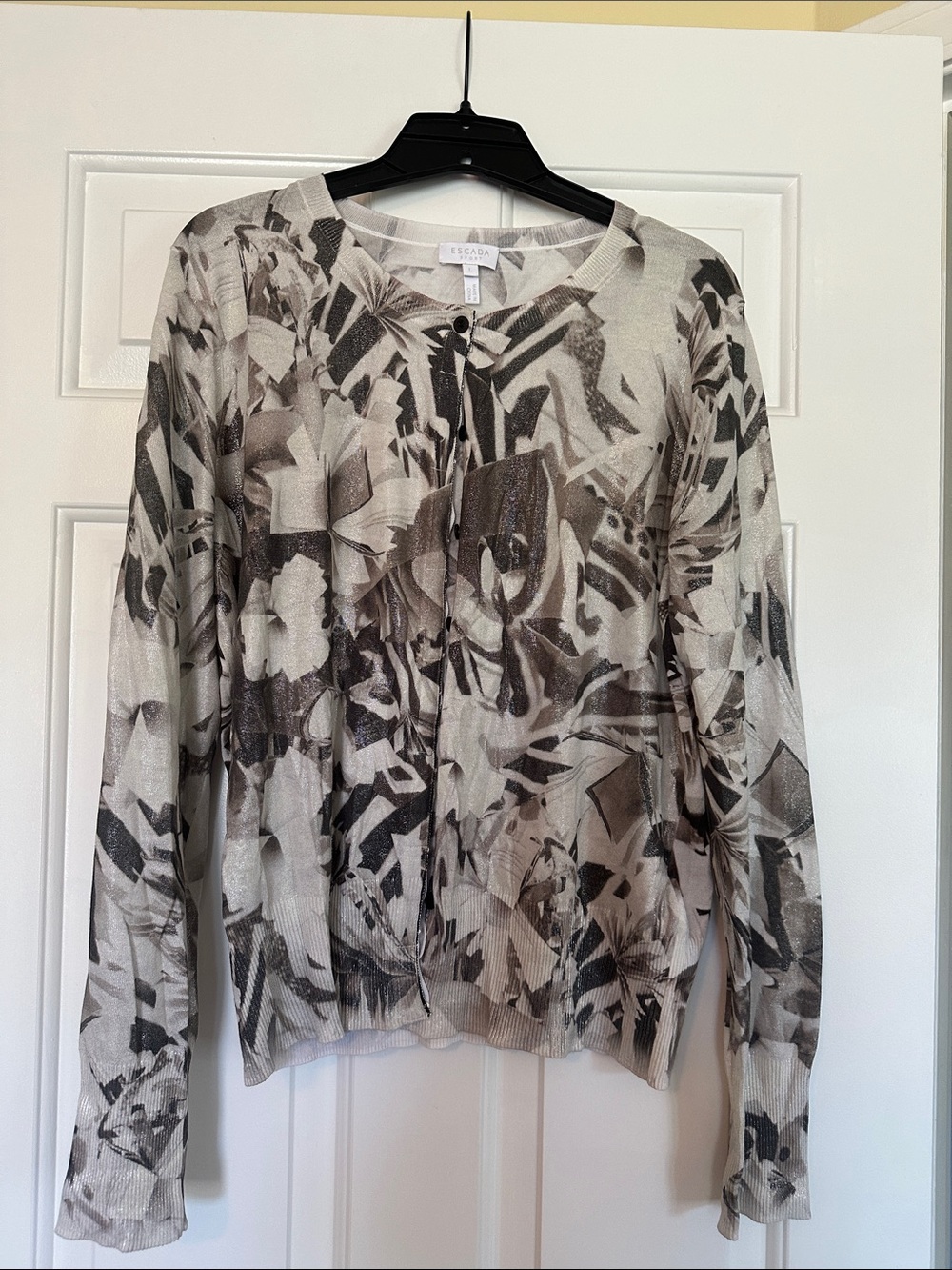 Escada Abstract Floral Mix-Print Cardigan in Silver, taupe, brown